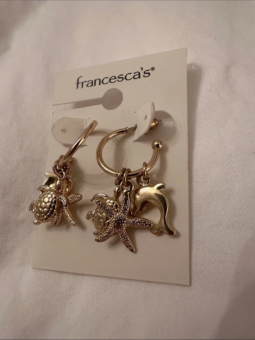 Francesca's Collections Gold Ocean Hoop Earrings w/ Starfish, Turtle & Dolphin